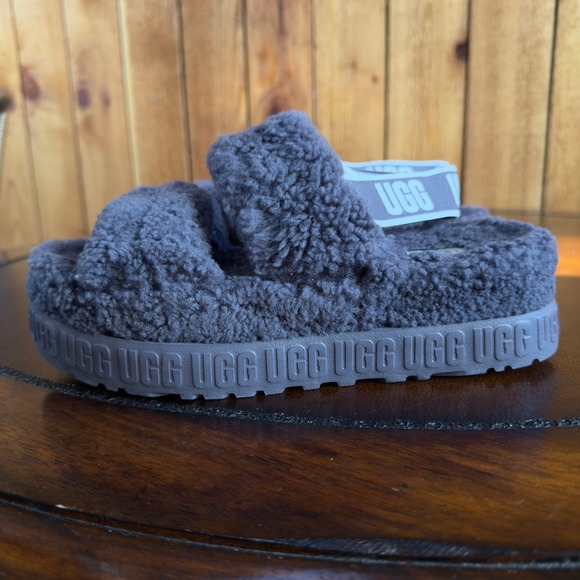UGG Oh Fluffita Sheepskin Platform Slippers Gray Double Strap Women's Size 9 - Picture 1 of 16